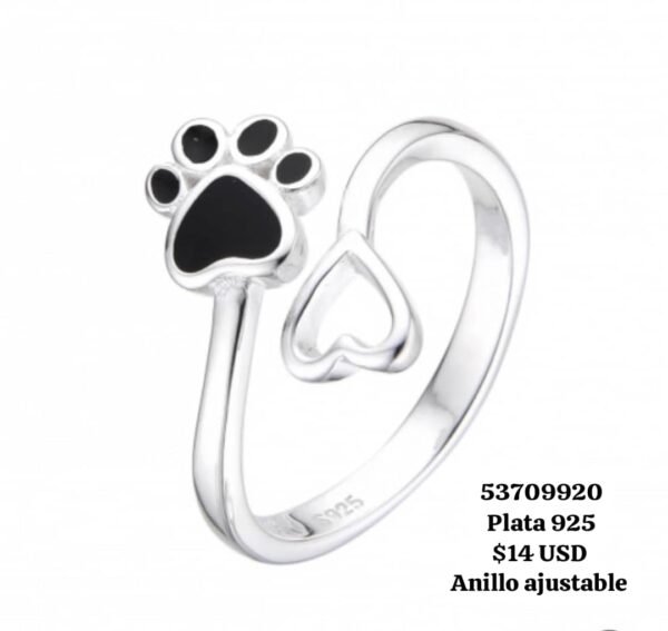 Anillo #060 Huella de mascota. Ajustable. Plata 925