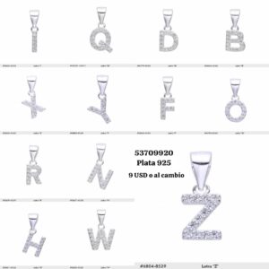003 cadenas con dijes de iniciales. Plata 925. (Click a la imagen para ver más opciones.) Iniciales disponibles son las que salen en el collage inicial.