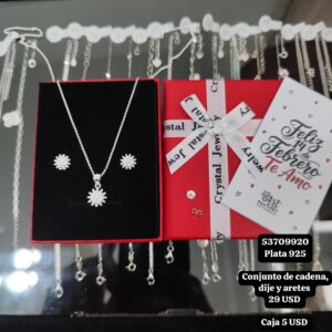 028 Conjunto de cadena, dije y aretes. USD o al cambio en cup. Plata 925