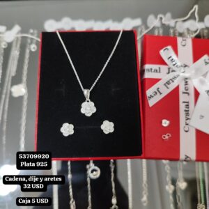 036 Conjunto de cadena, dije y aretes. USD o al cambio en cup. Plata 925